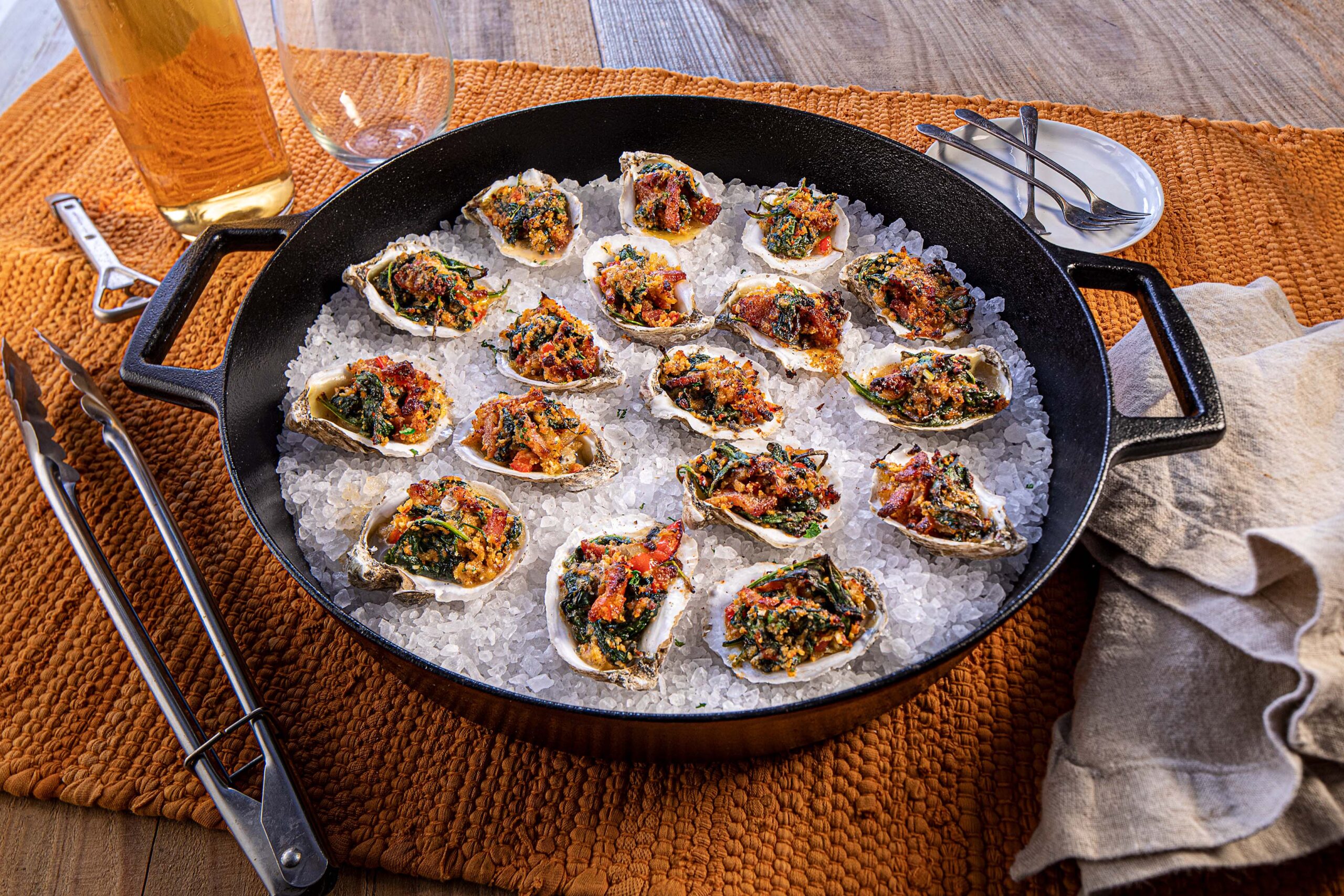 Cast Iron Roasted Oysters with Spinach and Bacon Recipe